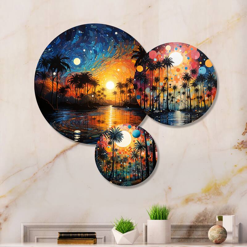 Designart "Palm Trees Colorful Pointillism I" Floral Metal Wall Art